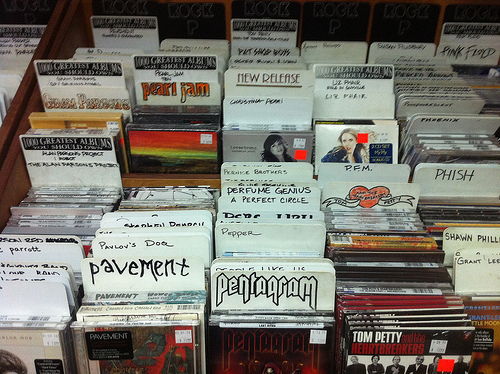 handwritten dividers in an independent record shop 